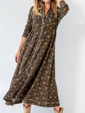 Natural Life Christa Knit Cotton Maxi Dress - Black Tan Daisies